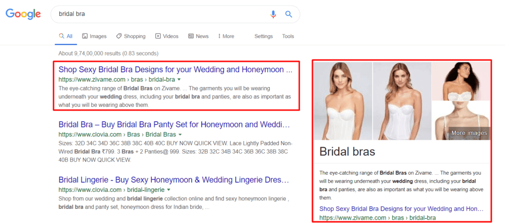 "Bridal Bra" keyword is ranking in #1 position and in the featured snippet 