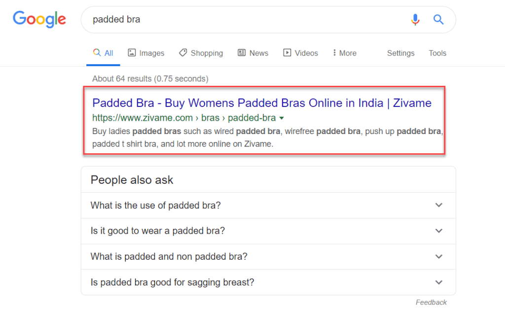 "Padded bra" keyword is ranking 1st in Google SERP