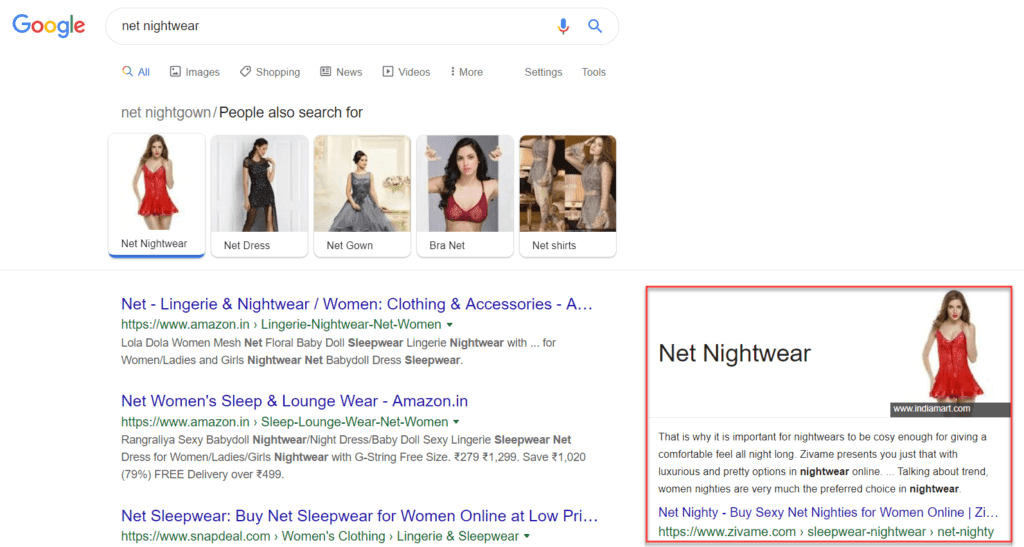 "Net Nightwear" is ranking as featured snippet