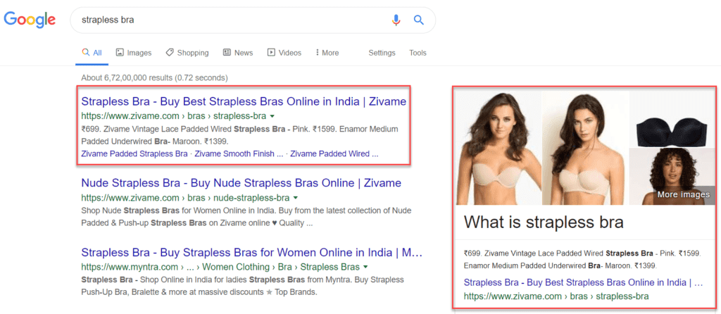 "Strapless Bra" keyword is ranking 1st as well they are in the featured snippet