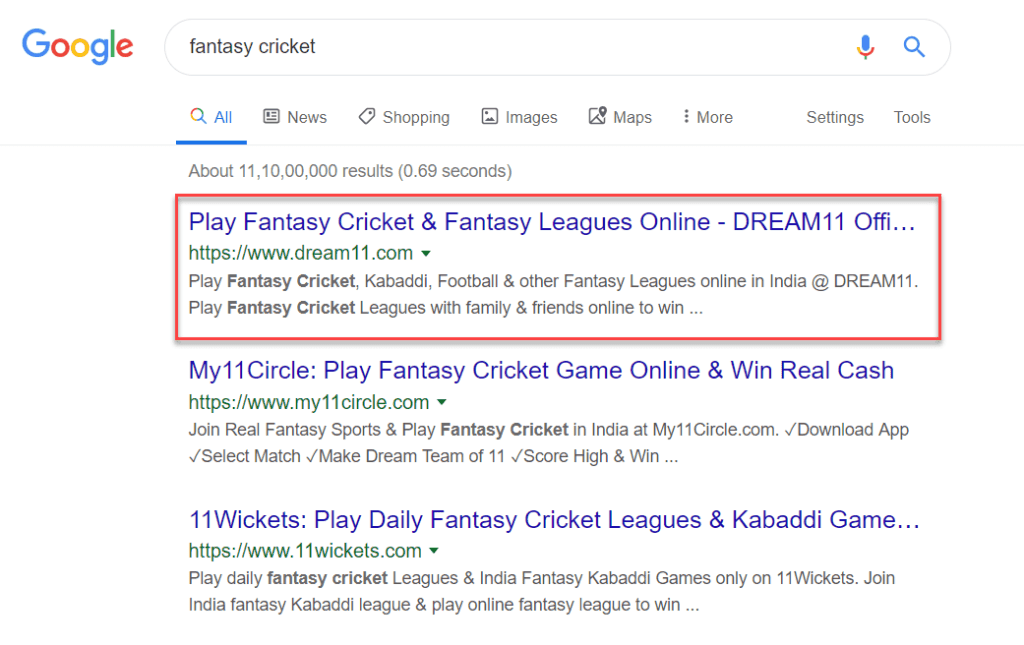  "Fantasy Cricket" keyword is ranking 1st in Google SERP