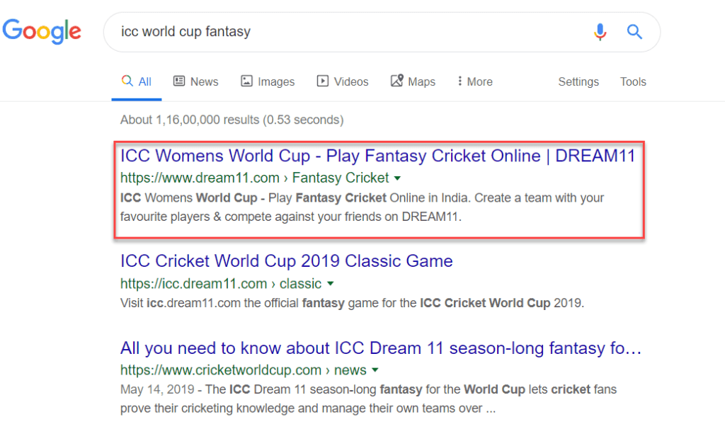 "ICC world cup fantasy" keyword is ranking 1st in Google SERP