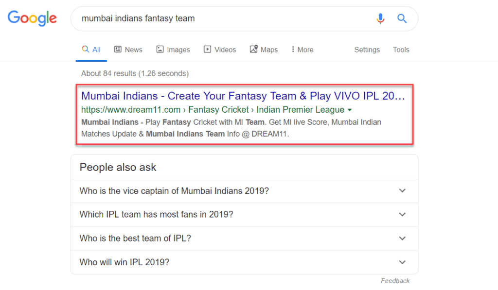 "Mumbai Indians Fantasy Team" keyword is ranking in 1st position in Google SERP