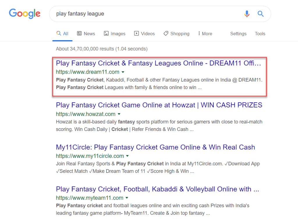 "Play Fantasy League" keyword is ranking 1st in Google SERP