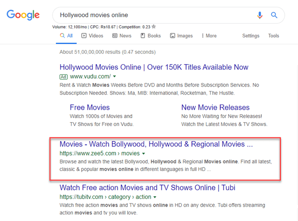 #1 on "Hollywood Movies Online" keyword  