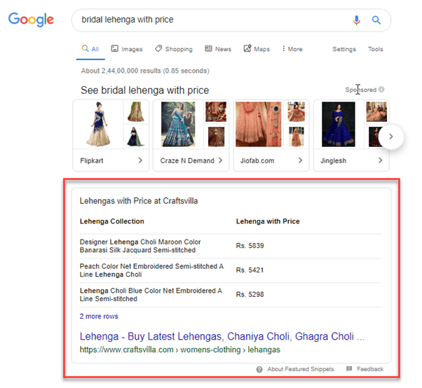 featured snippet of bridal lehenga with price