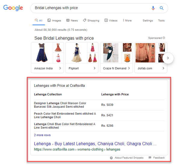 featured snippet of bridal lehengas with price