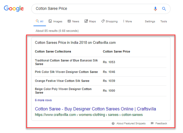 featured snippet of cotton saree price