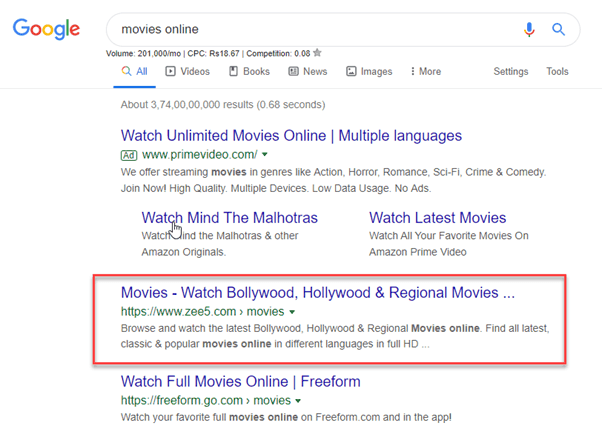 #1 position on "Movies Online" keyword for Zee5