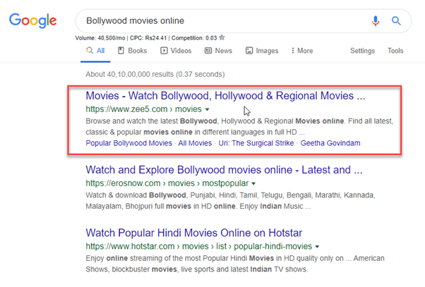  #1 position on "Bollywood Movies Online" keyword 