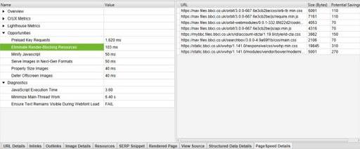 Screaming Frog PageSpeed Details