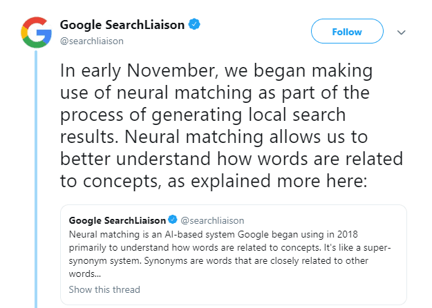 Local Search 2019 November Update Tweet