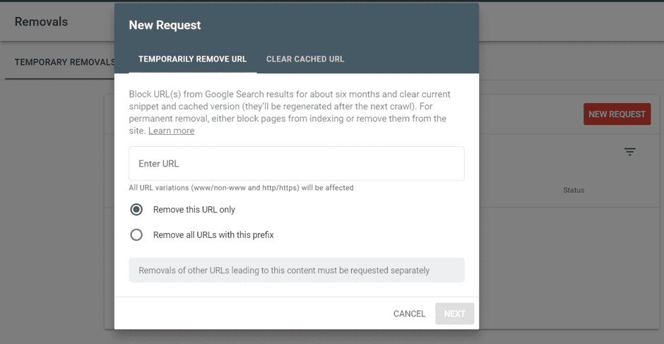 Temporary Removal feature in new Google Search Console.