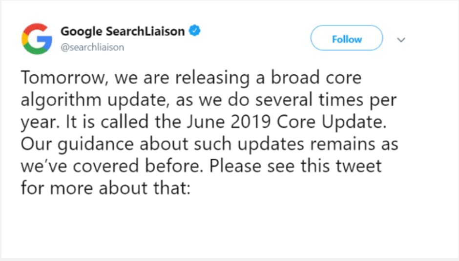 Google June 2019 Core Update Tweet