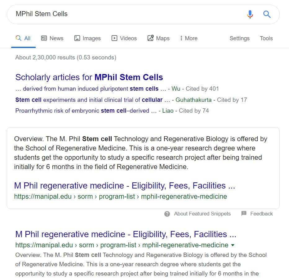 Manipal University is ranking on featured snippet for MPhil Stem Cells