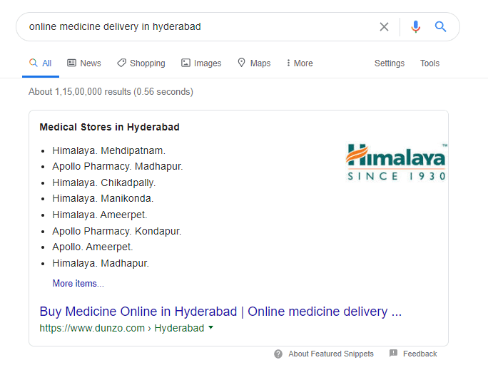 Dunzo is ranking for Online Medicine Delivery in Hyderabad on featured snippet