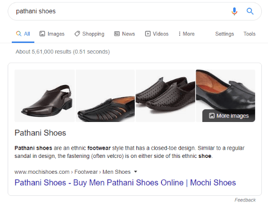 Moci shoes is ranking on featured snippet for Pathani shoes