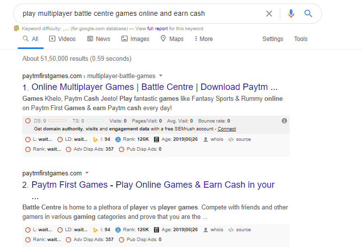 Paytm First Games ranks for Play multiplayer battle centre games and earn cash 