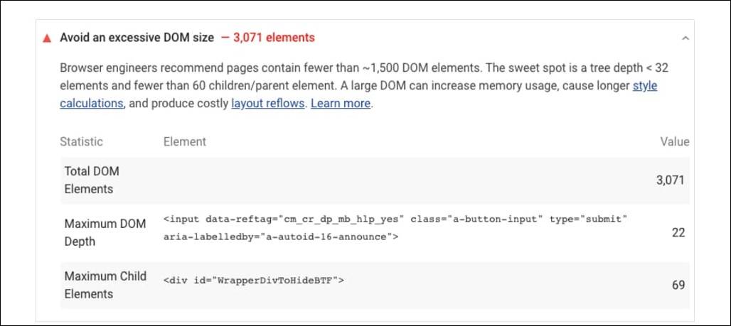 Pagespeed Insights Tool providing details on DOM size