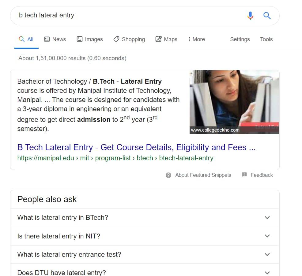 Manipal University is ranking on featured snippet for B.Tech Lateral Entry