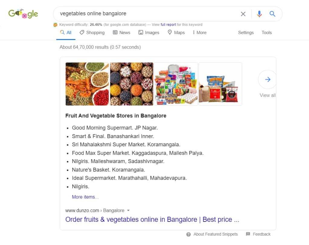 Dunzo is ranking for Vegetables Online Bangalore on featured snippet