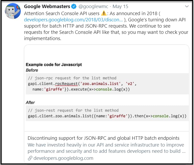 Google Webmasters Tweet