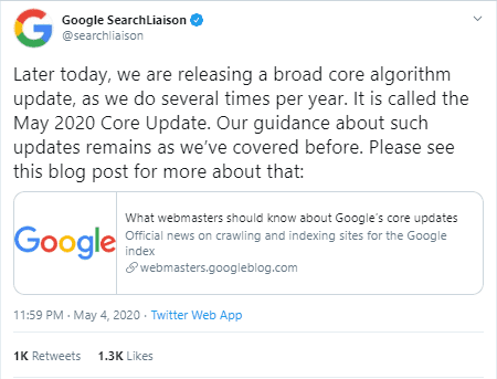 Google announced May 2020 core update