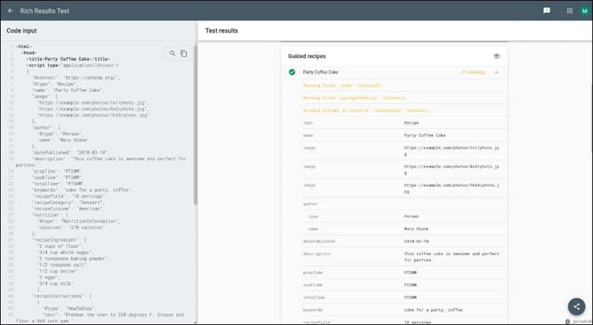 Guided Recipes in Rich Results Test