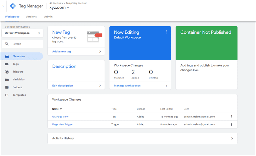 Tag Manager Container Panel 