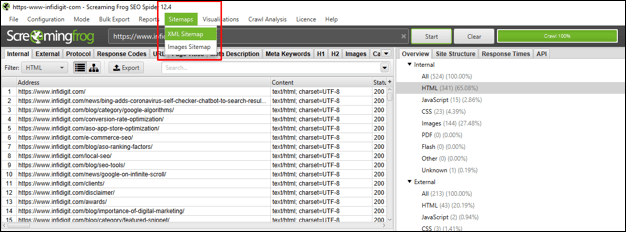 XML Sitemap in Screaming Frog