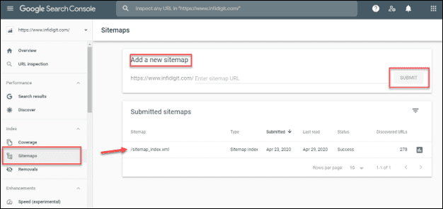 sitemap in google search console