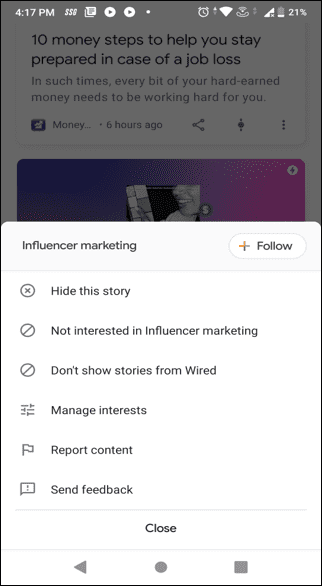 Google Discover lets you follow and unfollow topics as per your interests