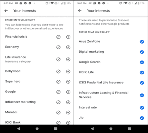 Google discover feature of manually selecting content topics of your interests