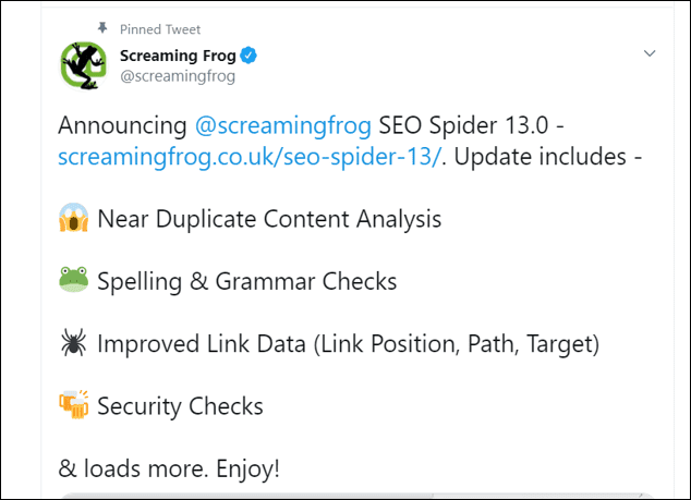 Screaming Frog Tweet