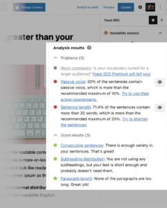 Yoast seo analysis result